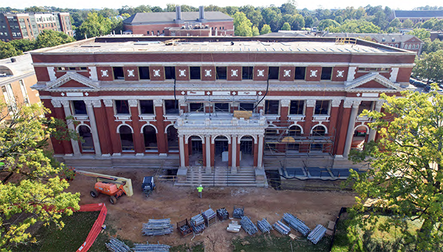 Exterior photo of the current progress of Comer Hall during renovation, taken November 2025.